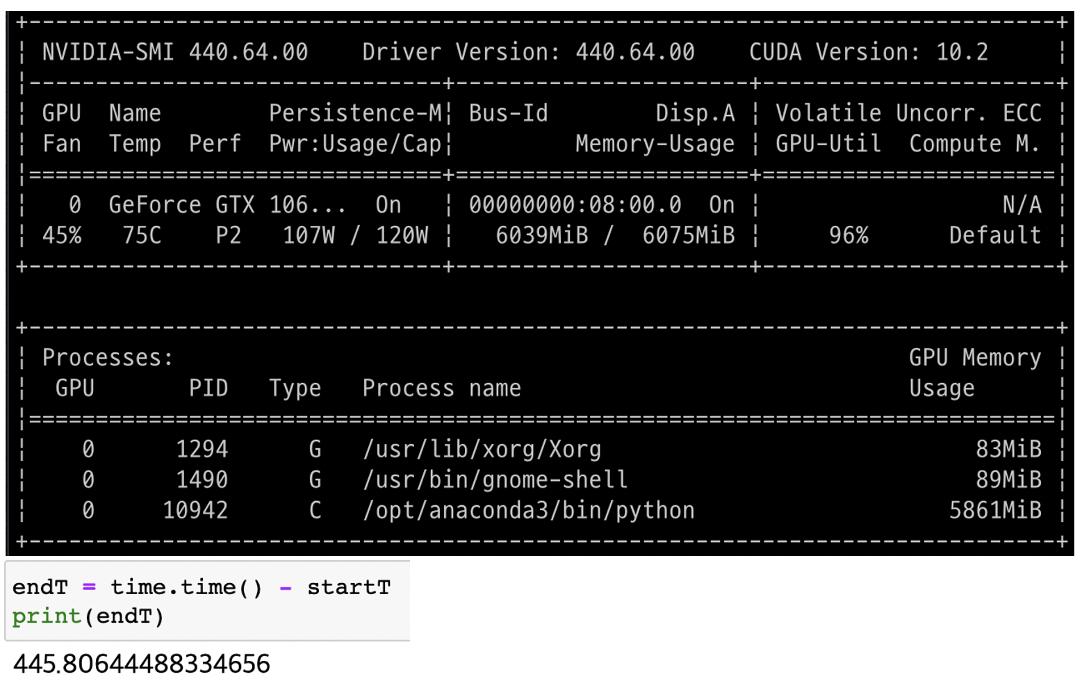 GTX 1060 6GB 딥러닝 학습 테스트 결과 화면