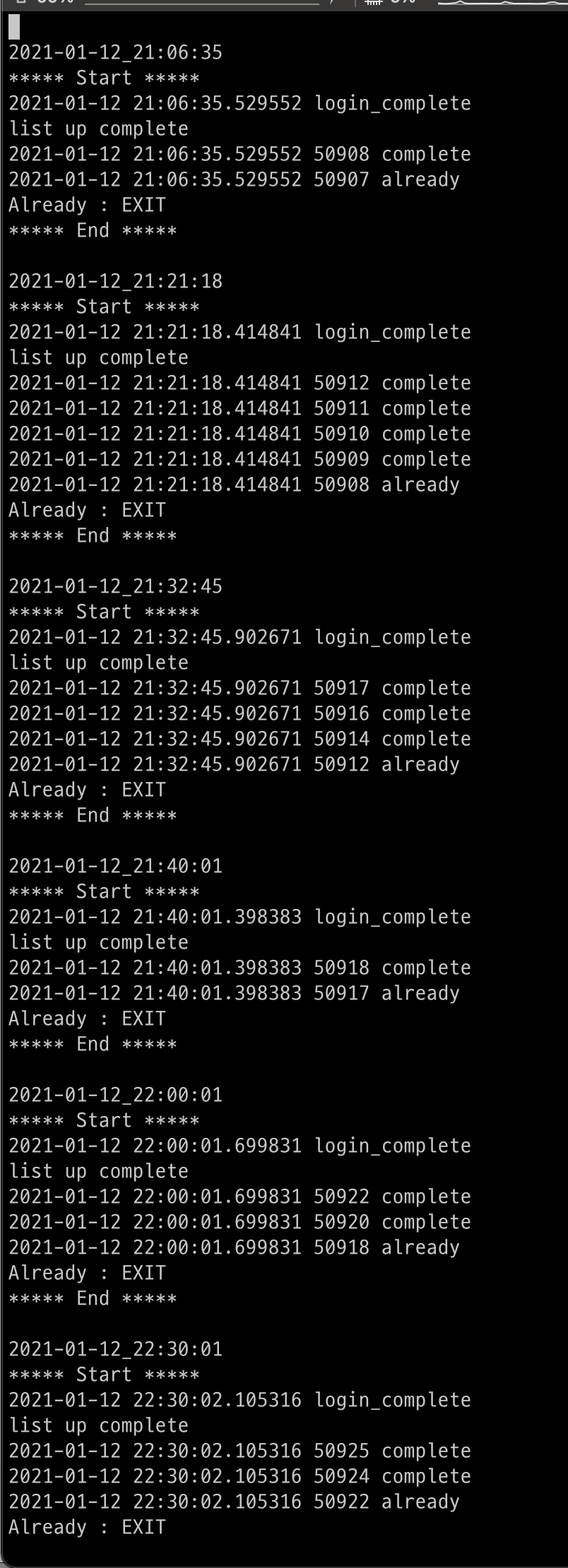 debuglog.log에 Python 스크립트 실행 결과와 타임스탬프가 기록된 화면