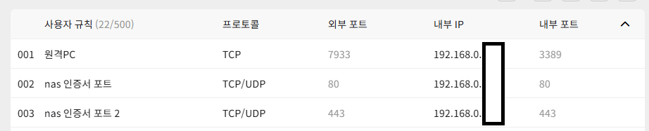 공유기 포트포워딩 규칙 화면