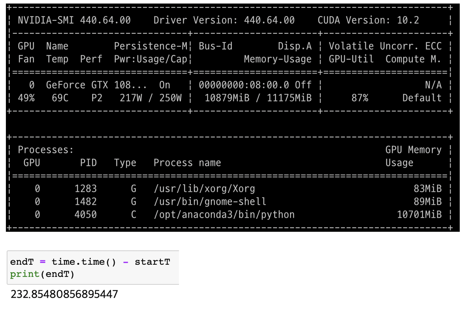 GTX 1080 Ti 11GB 딥러닝 학습 테스트 결과 화면