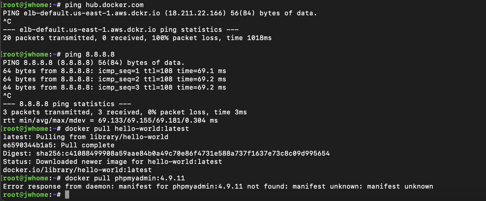 phpmyadmin 4.9.11 이미지 다운로드 시도 중 manifest not found 응답을 받은 터미널 화면