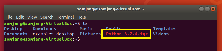 Ubuntu 터미널에서 ls 명령으로 현재 디렉터리에 Python-3.7.4.tgz 파일이 있음을 확인하는 화면
