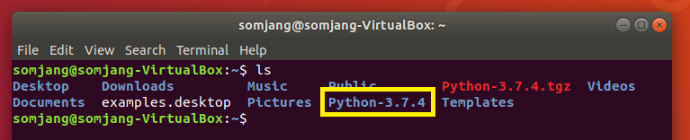 Ubuntu 터미널에서 tar 압축 해제 후 ls 명령으로 Python-3.7.4 디렉터리가 생성된 것을 보여주는 화면