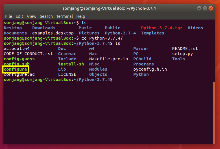 Ubuntu 터미널에서 Python-3.7.4 디렉터리 내부를 ls로 확인해 configure 파일이 포함된 목록을 보여주는 화면